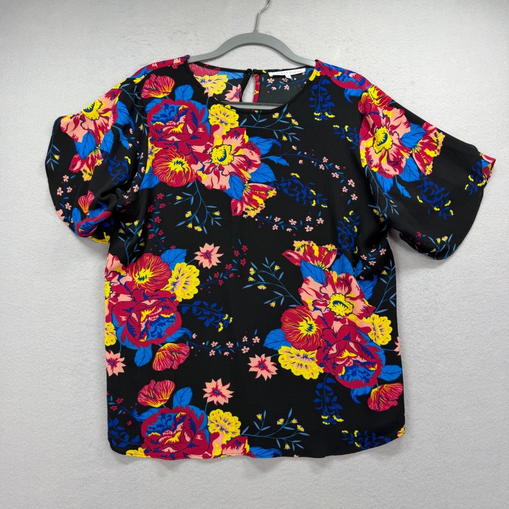 Violet + Claire Floral Blouse Womens Large Black Pink Blue Short Sleeve Keyhole